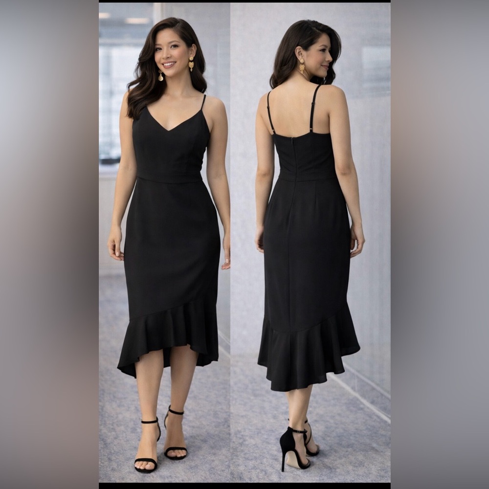 Banana Republic Midi Slip Dress 8 Black Ruffle High Low Hem NEW NWT